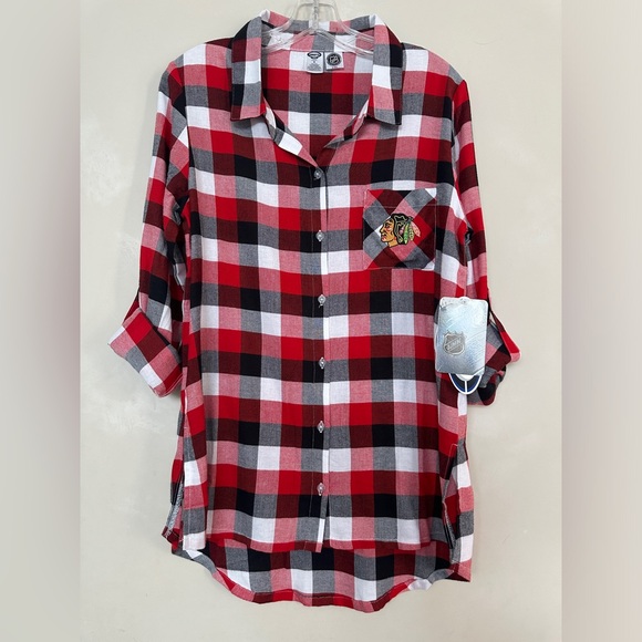 NWT Chicago Blackhawks Plaid Long Sleeve Button Down Pajama Sleep Shirt Small - Picture 1 of 4